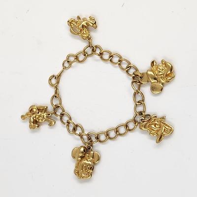 VINTAGE GOLD TONED DISNEY MICKEY & FRIEND CHARM BRACELET