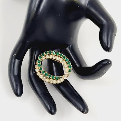 VINTAGE DOUBLE OVAL CLEAR & GREEN RHINESTONE PIN