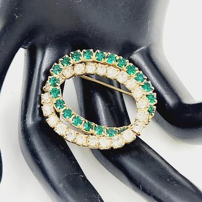 VINTAGE DOUBLE OVAL CLEAR & GREEN RHINESTONE PIN