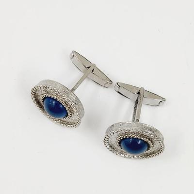 VINTAGE SILVER TONED W/ BLUE STONE CUFF LINKS