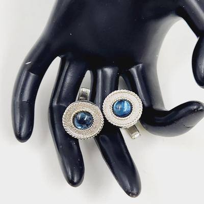 VINTAGE SILVER TONED W/ BLUE STONE CUFF LINKS