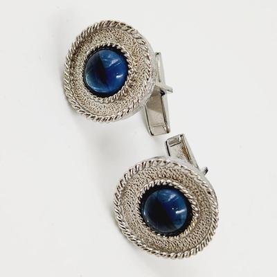 VINTAGE SILVER TONED W/ BLUE STONE CUFF LINKS