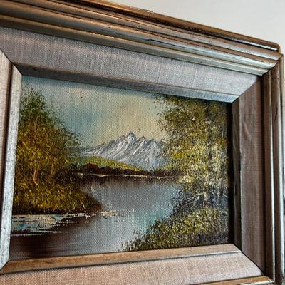 Small Framed Oil Painting Mountain Lake Scene
