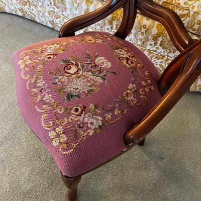 Walnut Side Chair with Needle Point Seat and carved back 
