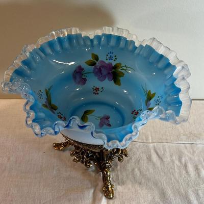 Fenton Silver Crest Hand Decorated Bowl with Metal Stand 