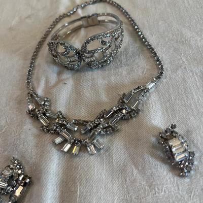Rhinestone Set Necklace, Bracelet, Earing Rectangular Cut Stones. Clear. 