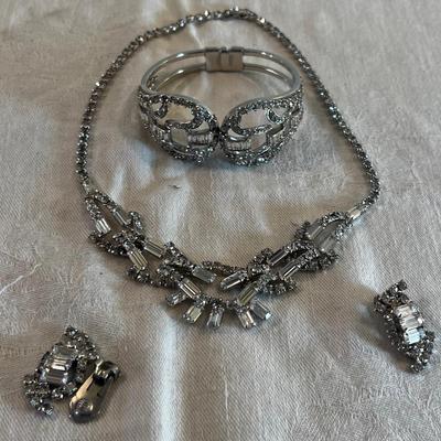 Rhinestone Set Necklace, Bracelet, Earing Rectangular Cut Stones. Clear. 