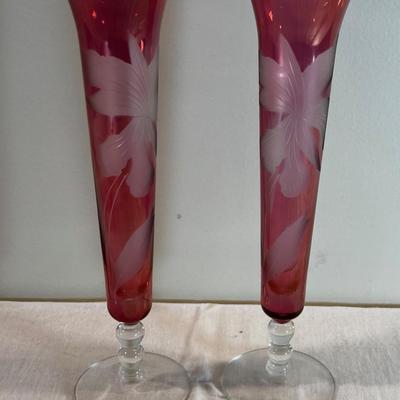 Pair of Glass Red Bud Vases