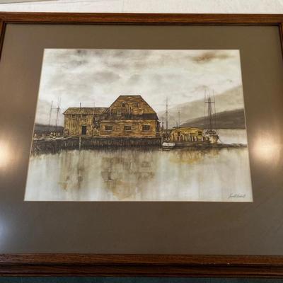Watercolor Framed Under glass, by Robert Woodall Boat Pier 