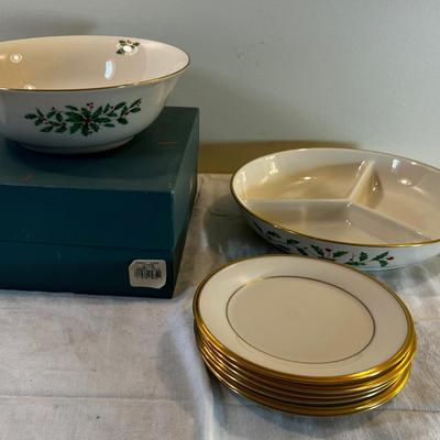 LENOX Both Christmas Bowls and Gold rimmed Dessert Plates