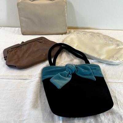 4 Vintage Purses; Cream Brown Black and Blue 