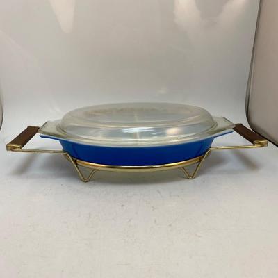 Vintage Primary Royal Blue Divided Oval Pyrex Casserole Dish with Lid and Serving Rack Cradle