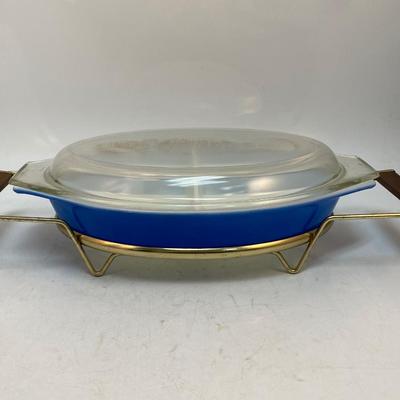 Vintage Primary Royal Blue Divided Oval Pyrex Casserole Dish with Lid and Serving Rack Cradle