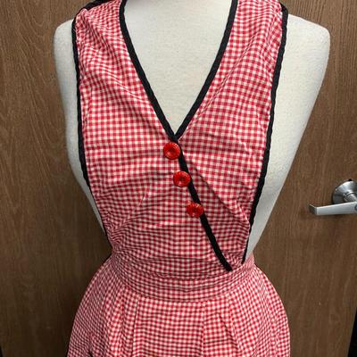 Red and White Gingham Checkered Vintage Full Apron Tie Waist