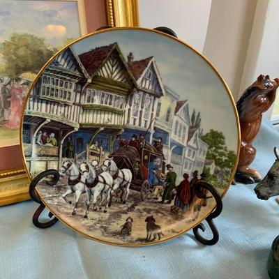 Lot 73G: Horse Themed Home Decor Featuring Hand Pained Bell, Signed Wall Art, Trinity Collection Plate , Halsey Japan Horse Figurine & More