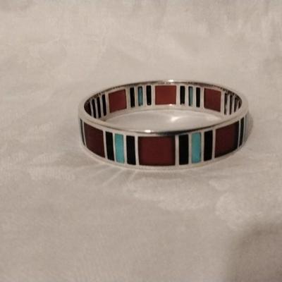 Vintage Signed Navajo Turquoise, Red Turquoise and Lapis Lazuli 925 Bracelet