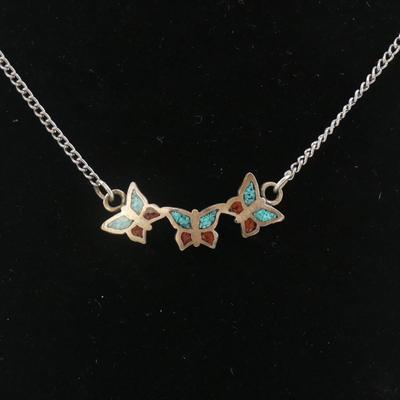 Old Pawn Navajo Butterfly Turquoise and Coral Necklace 