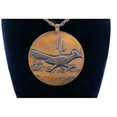 Vintage Solid Copper Roadrunner Medallion Necklace