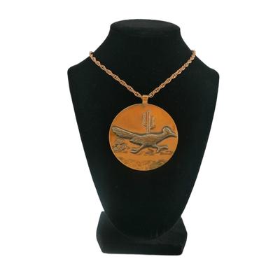 Vintage Solid Copper Roadrunner Medallion Necklace