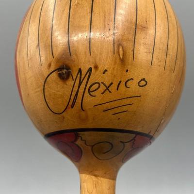 Pair of Retro Made in Mexico Ancient Face Motif Maraca Instrument Shakers