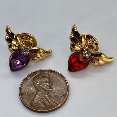 PAIR OF WINGED RHINESTONE HEART PINS