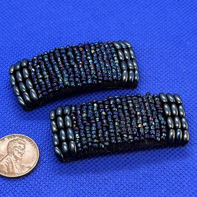 PAIR VINTAGE SHOE CLIPS DARK GLASS IRIDESCENT BEADING