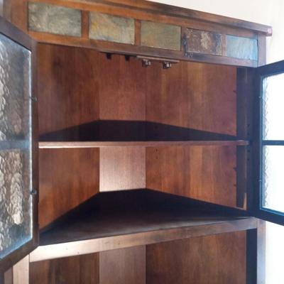 WOODEN CORNER CABINET WITH TILE ACCENTS