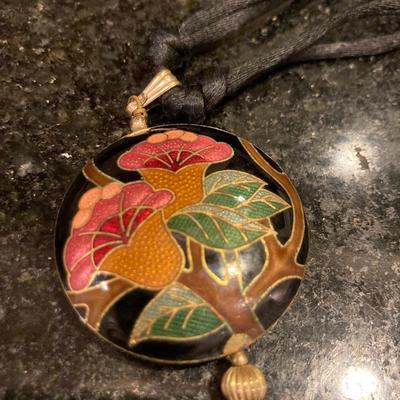 Vintage heavy cloisonnÃ© pendant on black silk cord