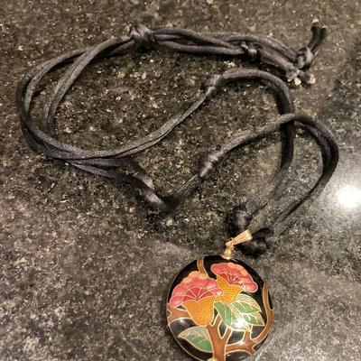 Vintage heavy cloisonnÃ© pendant on black silk cord