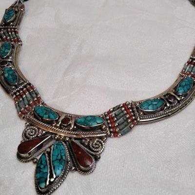 Vintage Turquoise and Coral Bib 925 Necklace