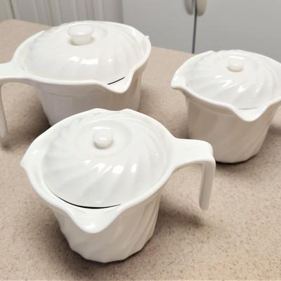 Lot #94  Lot of 3 White Stoneware Lidded Measuring Cups