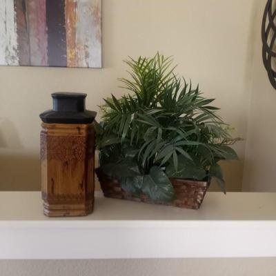 CERAMIC CANISTER WITH LID AND FAUX PLANT