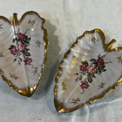 Pair of Leftons Hand Painted Leaf Dishes