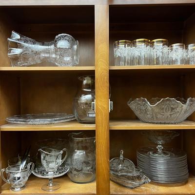 Cupboard Full of etched Lovely Glass 
