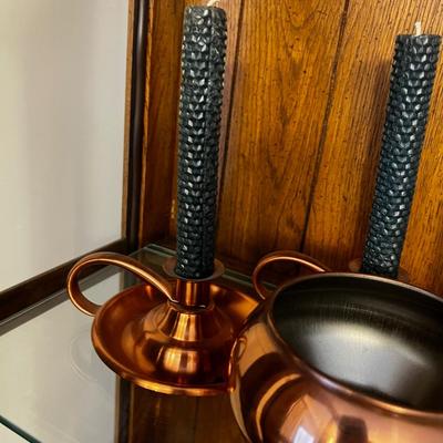 Copper Pieces; Candle Sticks and Bowls 