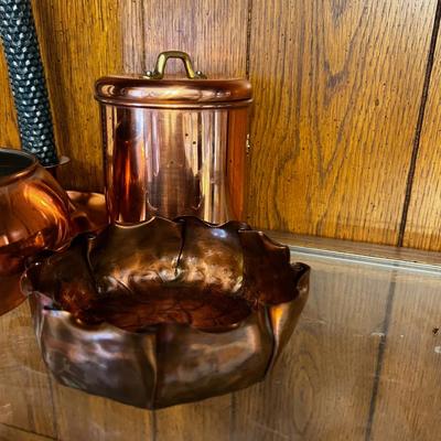 Copper Pieces; Candle Sticks and Bowls 
