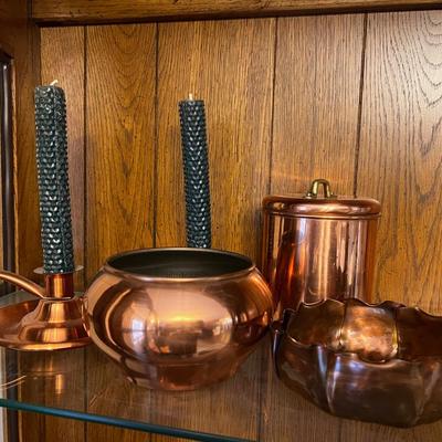 Copper Pieces; Candle Sticks and Bowls 