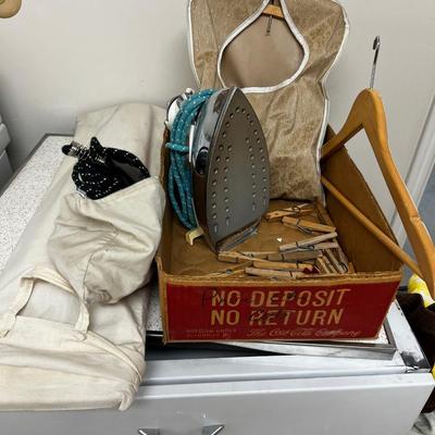Ironing Board,  Cloths Pins, Iron, 