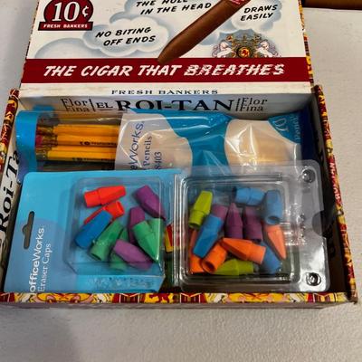 Cigar Box full of Pencils and Erasers 