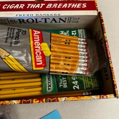 Cigar Box full of Pencils and Erasers 