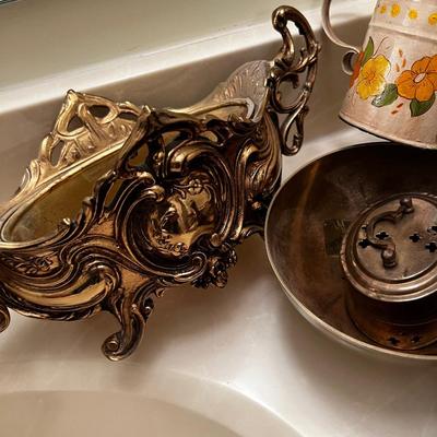 Pile of Brass; Planter, Easel, Rocking Horse, Trivet