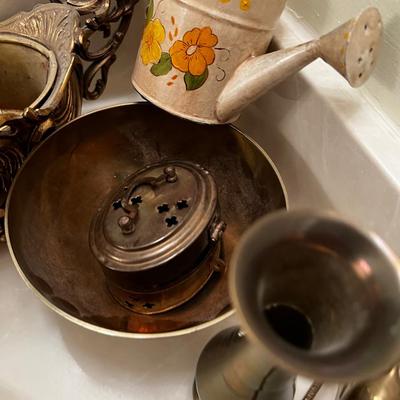 Pile of Brass; Planter, Easel, Rocking Horse, Trivet