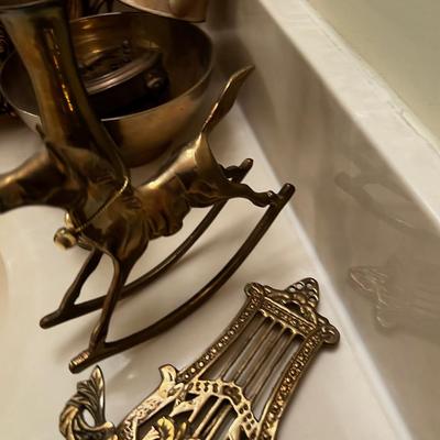 Pile of Brass; Planter, Easel, Rocking Horse, Trivet