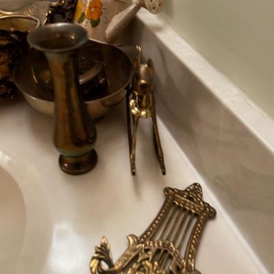 Pile of Brass; Planter, Easel, Rocking Horse, Trivet