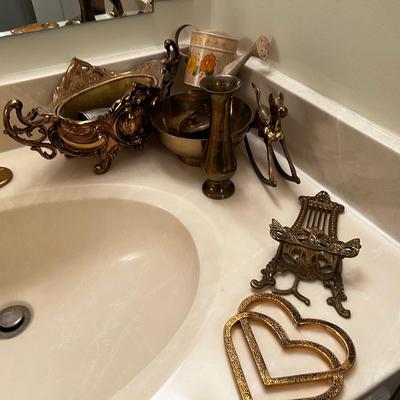 Pile of Brass; Planter, Easel, Rocking Horse, Trivet