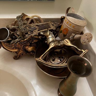 Pile of Brass; Planter, Easel, Rocking Horse, Trivet