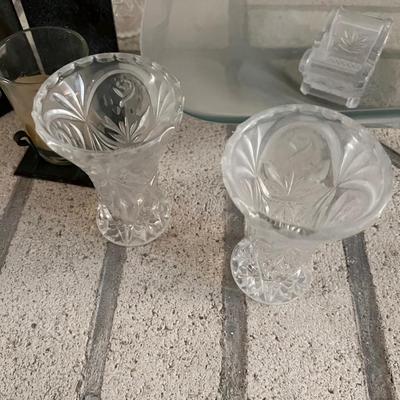 Big Pile of Clear glass Vases, Candle Holder, and a Candy Dish 