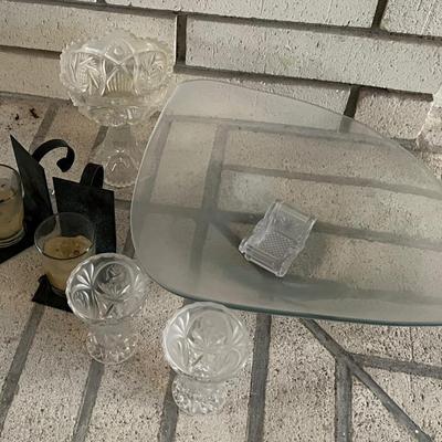 Big Pile of Clear glass Vases, Candle Holder, and a Candy Dish 