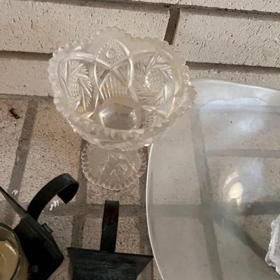 Big Pile of Clear glass Vases, Candle Holder, and a Candy Dish 