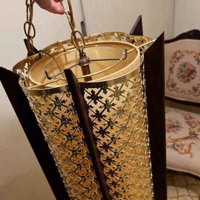 MCM Swag Chain Lamp Wood and Metal + Fiberglass Shade